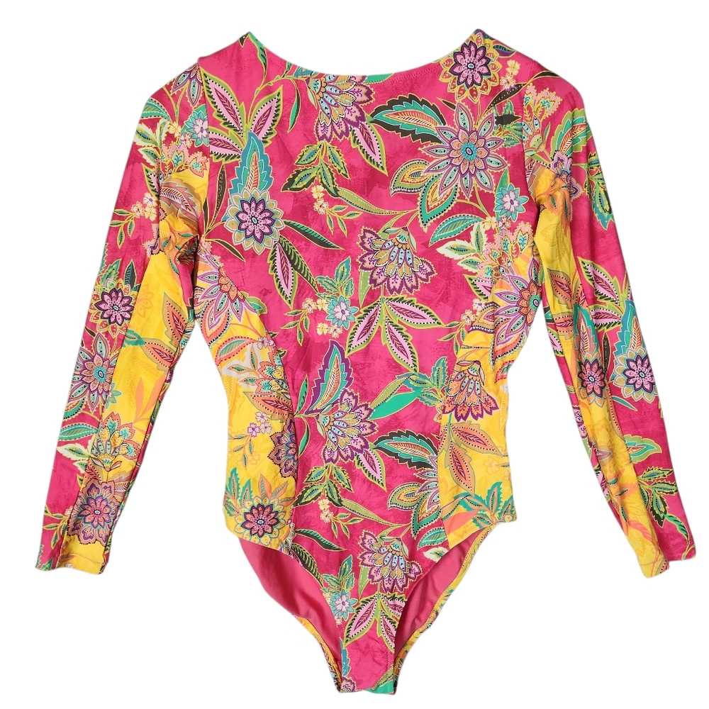 Johnny Was Flamingo Mixi Cut-Out Surt One-Piece Swimsuit Large Long Sleeveâ